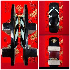Vintage Black Traditional Japanese Tengu Geta Ipponba Wood Sandals Size 6.5